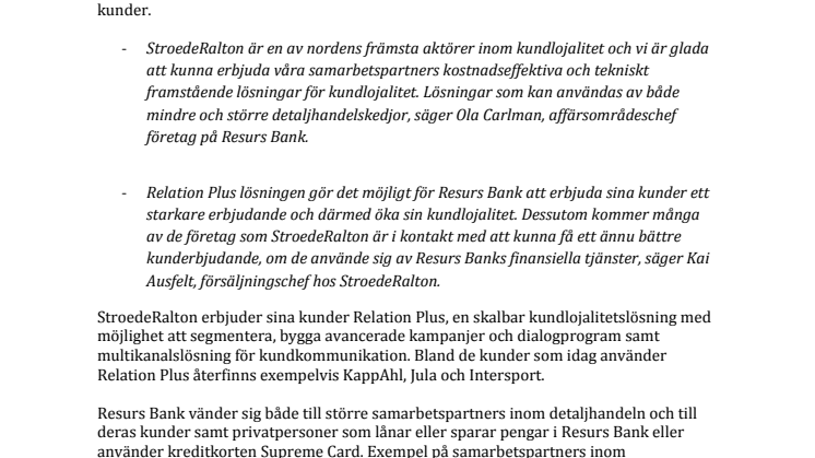 Resurs Bank och StroedeRalton ingår ett strategiskt samarbete kring kundlojalitet och finansiella tjänster