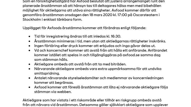 Justerat upplägg av Axfoods årsstämma