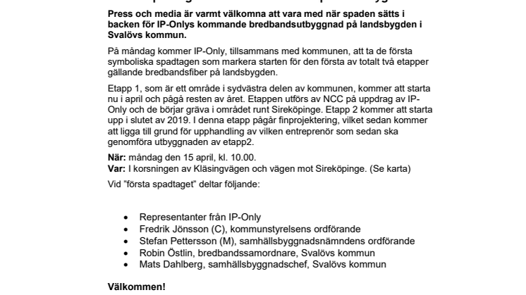 Pressinbjudan: Första spadtaget för bredbandsfiber på landsbygden