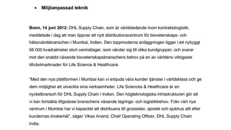DHL öppnar nytt distributionscentrum för biovetenskap och hälsovård i Mumbai