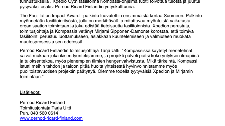 Suomeen merkittävä fasilitointipalkinto:  Pernod Ricard Finlandin ja Xpedion yhteinen Kompassi toimii