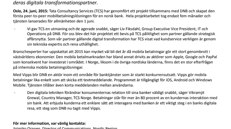 DNB första norska bank som lanserar peer-to-peer mobilbetalning med hjälp av TCS