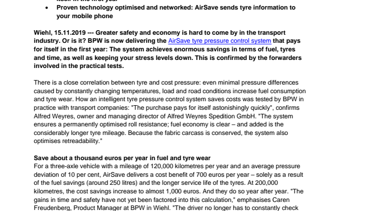 Always saving fuel, tyres, time and CO2: BPW now delivers the intelligent AirSave tyre pressure control system