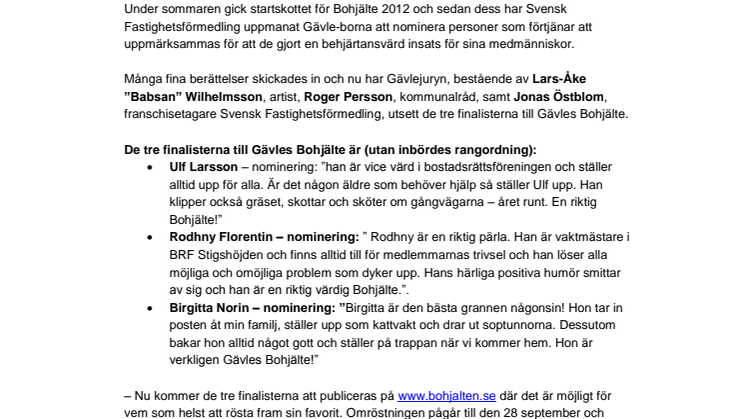 Finalisterna i Gävles Bohjälte är nu utsedda