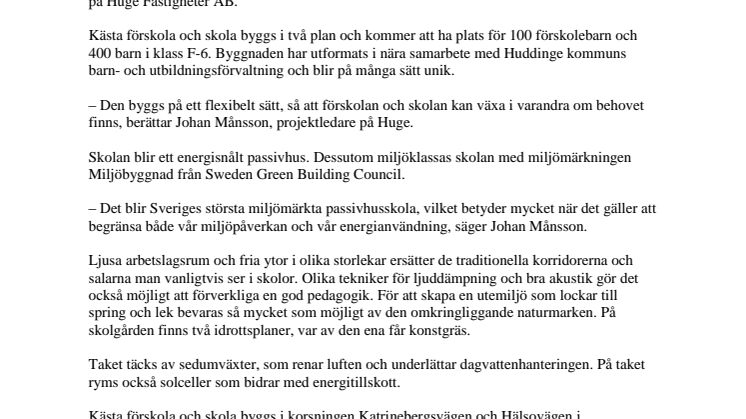 Huge bygger Sveriges största miljömärkta passivhusskola