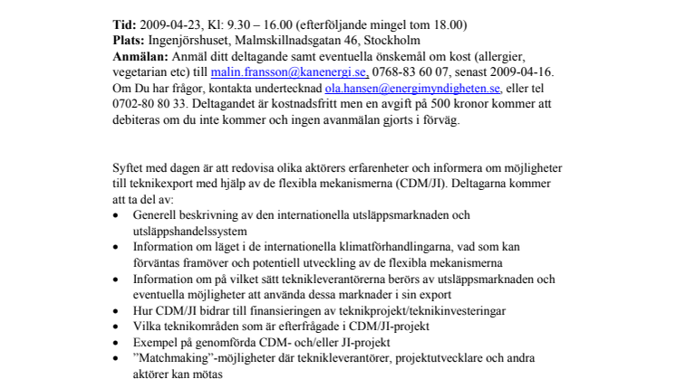 Workshop om svensk teknikexport genom Kyotoprotokollets flexibla mekanismer - Inbjudan och program