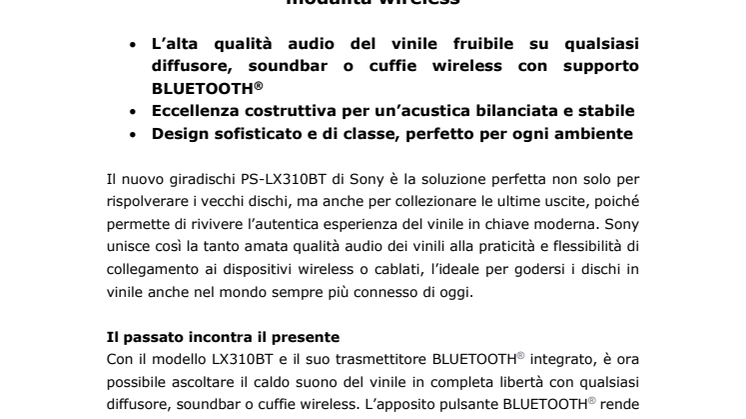 Nuovo giradischi PS-LX310BT di Sony: l’esperienza classica del vinile riprodotta perfettamente in modalità wireless