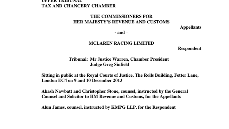 HMRC vs McLaren Racing - Upper Tribunal ruling