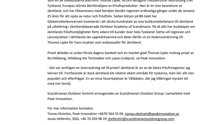 Hedersutnämning av Thomas Lipke under Scandinavian Outdoor Summit i Åre