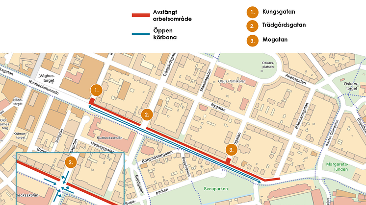 Karta över avstängt område och hur fordonstrafik kan åka längst Rudbecksgatan.