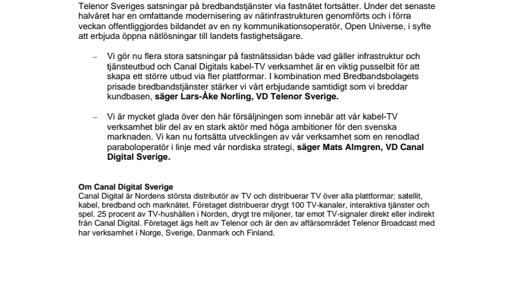 Telenor Sverige förvärvar Canal Digital Kabel-TV
