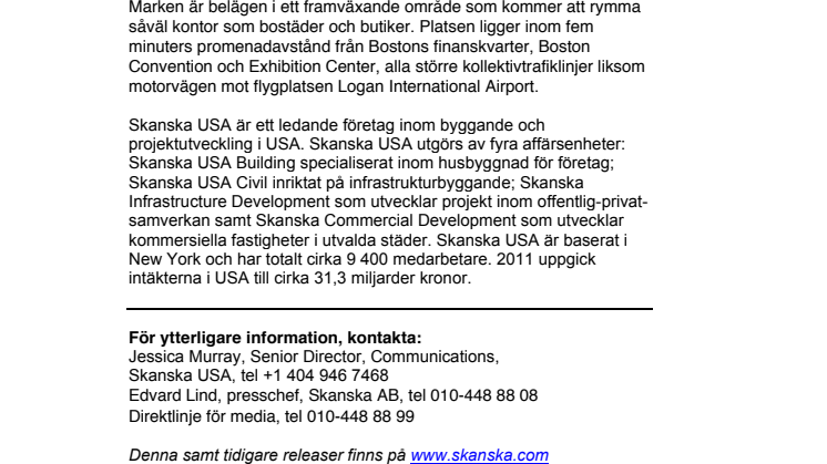 Skanska investerar i mark i Boston, USA, för cirka 255 miljoner kronor