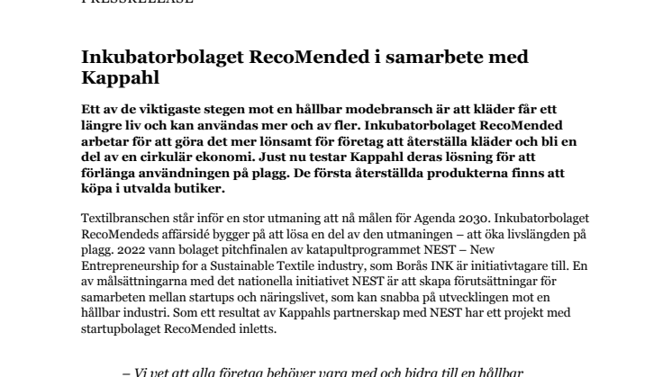 PM - Inkubatorbolaget RecoMended i samarbete med Kappahl.pdf