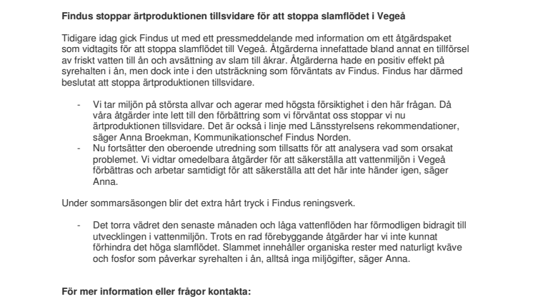 Findus stoppar ärtproduktionen tillsvidare för att hindra slamflödet i Vegeå