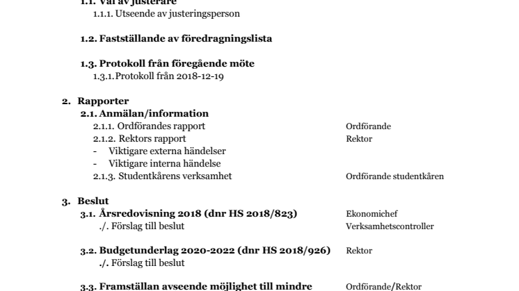 Föredragningslista för styrelsemöte, 8 februari  2019