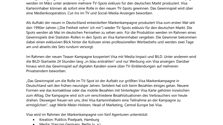 Visa startet Teaser für neue Markenkampagne im deutschen Markt