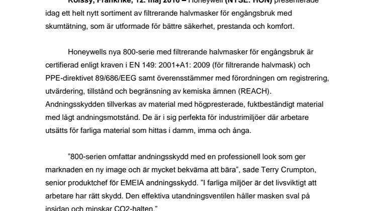 Honeywells 800-serie med filtrerande halvmasker för engångsbruk ger utmärkt passform, komfort och skydd 