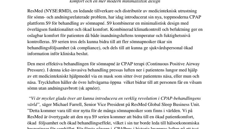 ResMed introducerar nästa generationens CPAP-plattform i Europa