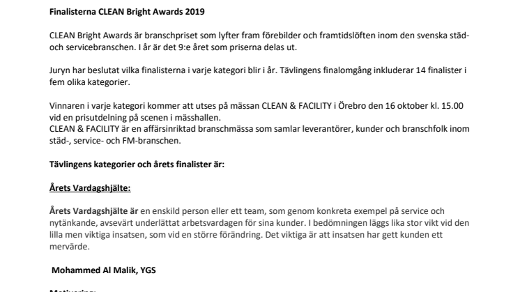 Här är de 14 finalisterna i 2019 års Clean Bright Awards