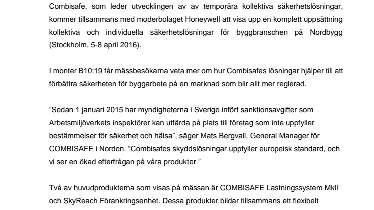  Combisafe och Honeywell Safety Products visar upp komplett säkerhetslösning för byggbranschen på Nordbygg 2016