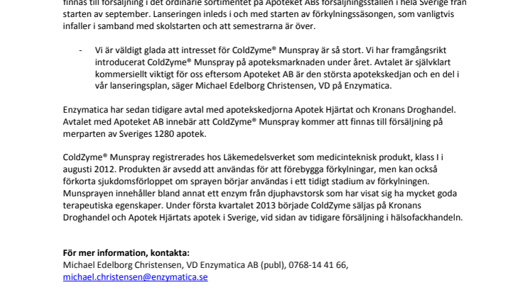 ColdZyme® Munspray lanseras brett, snart på Apoteket ABs hyllor