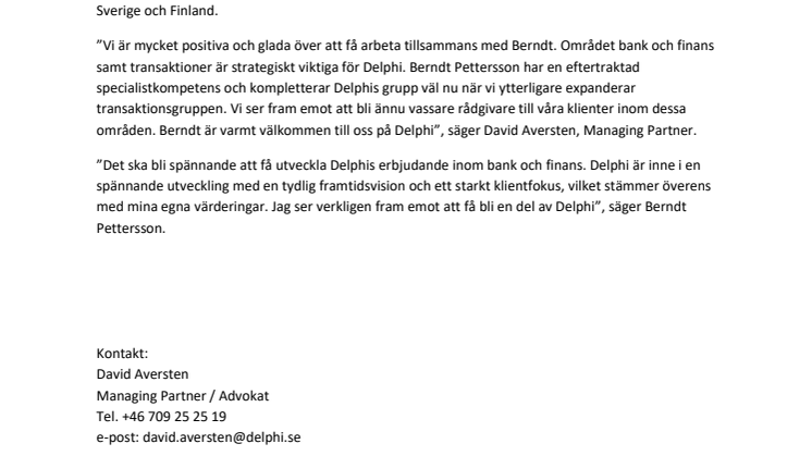 Delphi värvar ny partner till bank och finans samt transaktioner