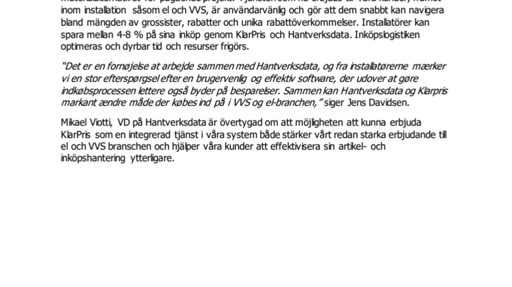 Hantverksdata i samarbete med KlarPris