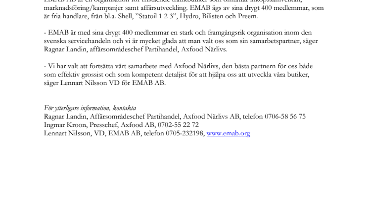 Axfood Närlivs AB förnyar samarbetet med EMAB AB i ett 3-årsavtal 