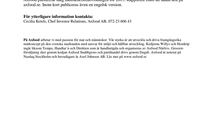 Axfood publicerar hållbarhetsredovisningen för 2015