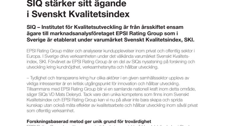 SIQ stärker sitt ägande i Svenskt Kvalitetsindex