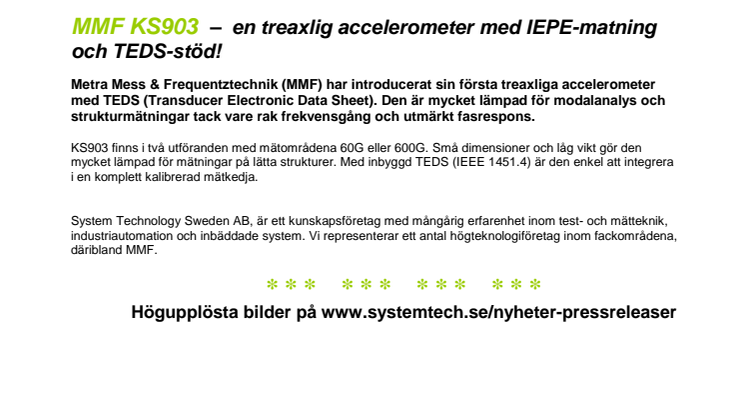 MMF KS903  –  Treaxlig accelerometer med IEPE-matning och TEDS-stöd