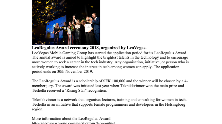 LeoVegas pledges further commitment to improving gender diversity & inclusion in the tech sector via LeoRegulus Award