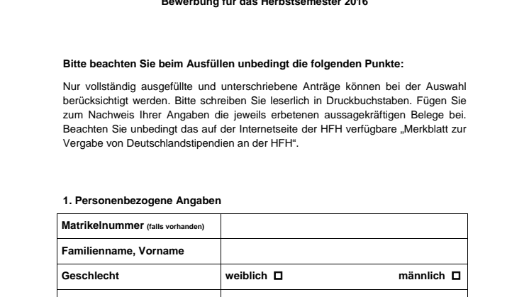 Antragsformular Deutschlandstipendium HFH