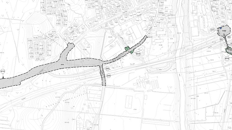 Bild från plankartan som visar de två planområdena. Omdragningen av Kungsvägen och Generalsvägen till vänster och den planerade gång- och cykelbron mellan Granvägen och Drottninggatan till höger. Plankarta och handlingar finns på projektsidan. 