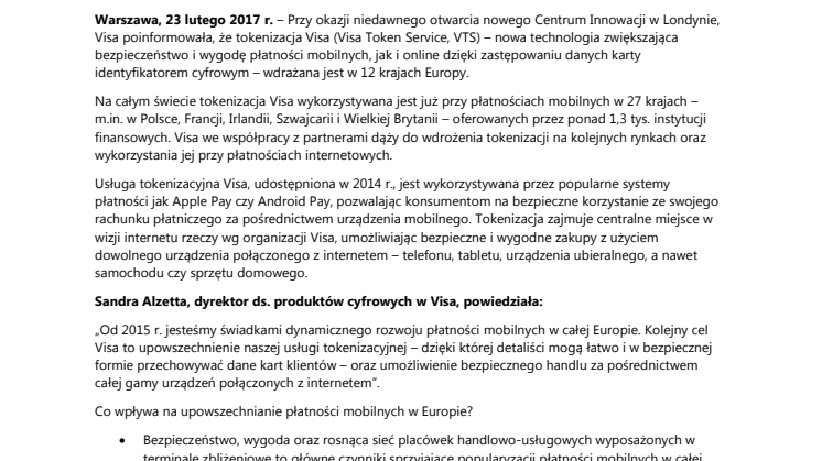 Do końca 2017 r. tokenizacja Visa umożliwi wdrożenie płatności mobilnych w 12 krajach Europy