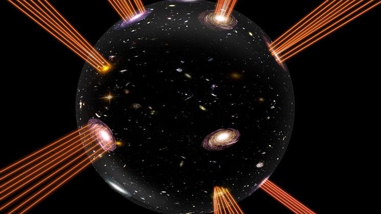 Bilden visar vårt universum som randen på en expanderande bubbla. Strålarna som spretar ut från den representerar strängarna vars ändpunkter utgör materien i vårt universum.  Credit: Suvendu Giri