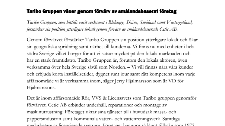 Taribo Gruppen växer genom förvärv av smålandsbaserat företag