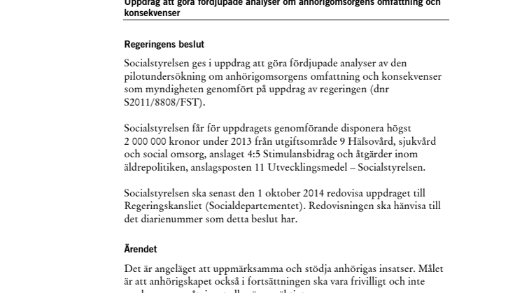 Uppdrag att göra fördjupade analyser om anhörigomsorgens omfattning och konsekvenser