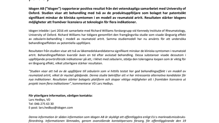 Idogen rapporterar positiva resultat för produktuppföljare i samarbete med University of Oxford och stärker sin portfölj