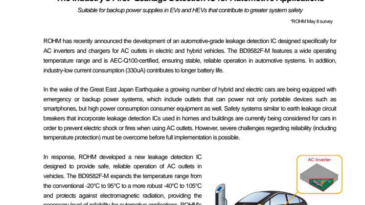 The Industry’s First* Leakage Detection IC for Automotive Applications: Suitable for backup power supplies in EVs and HEVs that contribute to greater system safety