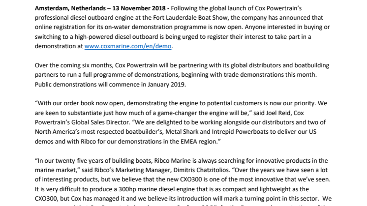 Online Registration to Demo Cox Powertrain's Diesel Outboard now Open 