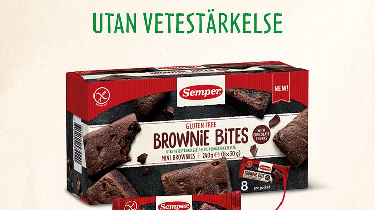 Åtte deilige brownie bites med melkesjokolade og biter av mørk sjokolade. 