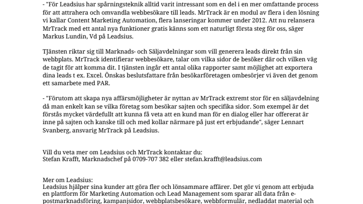  Leadsius lanserar MrTrack - ett gratis webbverktyg som omvandlar webbesökare till leads