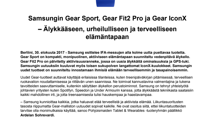 Samsungin Gear Sport, Gear Fit2 Pro ja Gear IconX – Älykkääseen, urheilulliseen ja terveelliseen elämäntapaan 