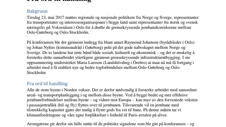 Fra ord till handling - resolution om bedre togforbindelser mellom Oslo-Stockholm og Oslo-Gøteborg