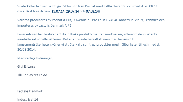 Återkallning av Reblochon 450g från Pochat & Fils p.g.a. misstanke av salmonella