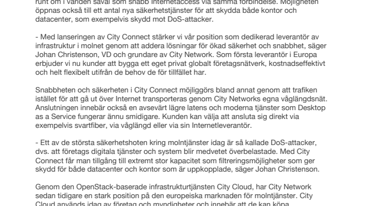 City Network lanserar City Connect – direkt tillgång till din data i molnet