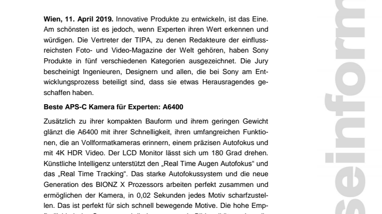 Fünf TIPA Awards für Sony