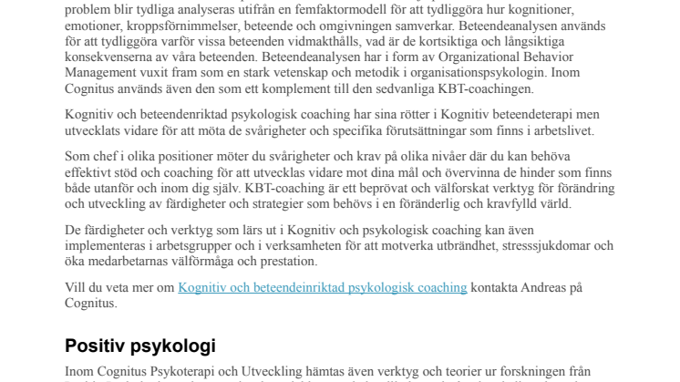 Kognitiv beteendeinriktad psykologisk coaching och positiv psykologi
