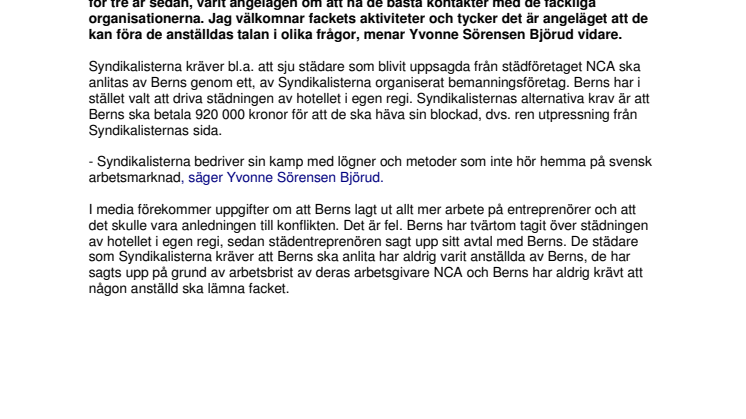 Hotell- och Restaurangfacket tar avstånd från Syndikalisternas agerande mot Berns
